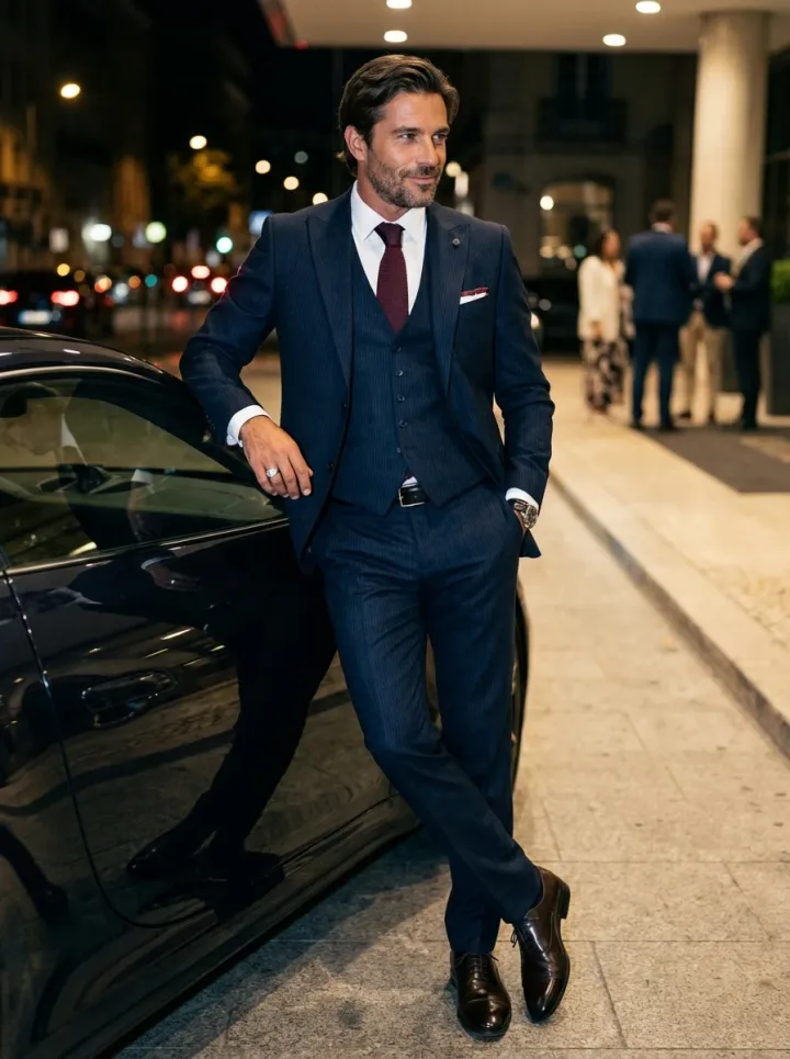 Sötétkék csíkos slim fit öltöny - Öltönyök Háza