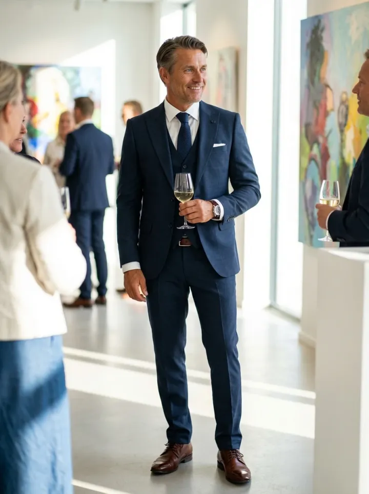 Sötétkék háromrészes slim öltöny - Elite Fashion